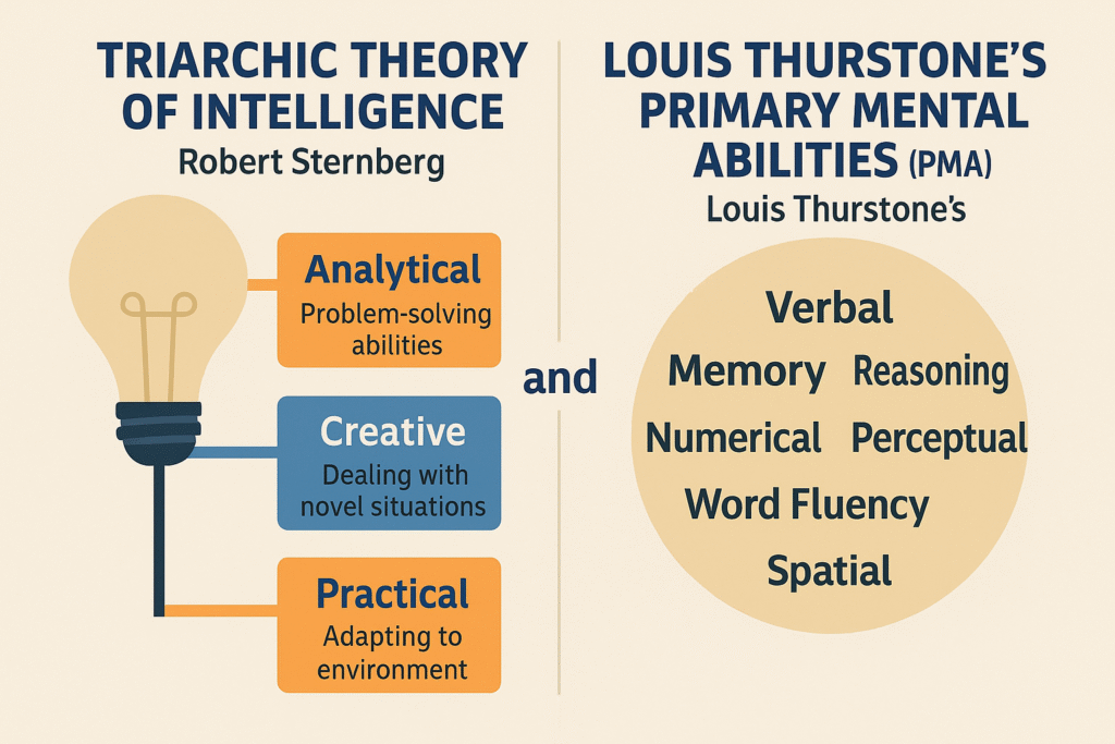 Infographic comparing Sternberg’s Triarchic Theory of Intelligence with Thurstone’s Primary Mental Abilities for CTET and teaching exams.