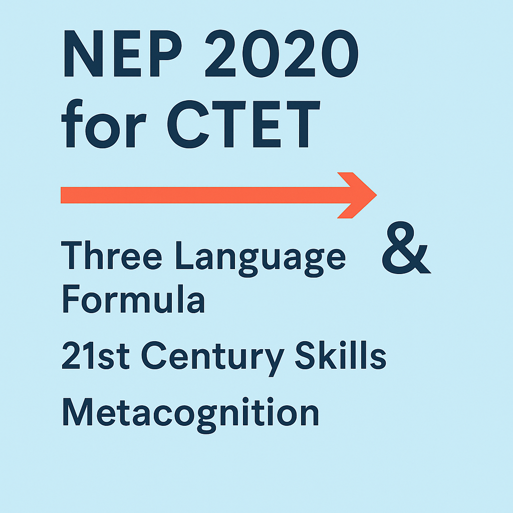 NEP 2020 for CTET featured image showing Three Language Formula, 21st-century skills, and metacognition.