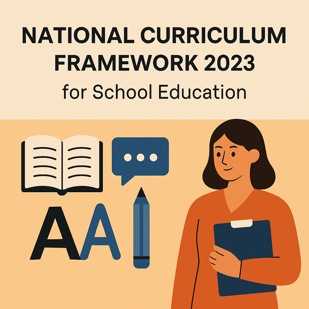 Illustration showing National Curriculum Framework (NCF) 2023 for School Education with teacher, book, pencil, and learning icons.