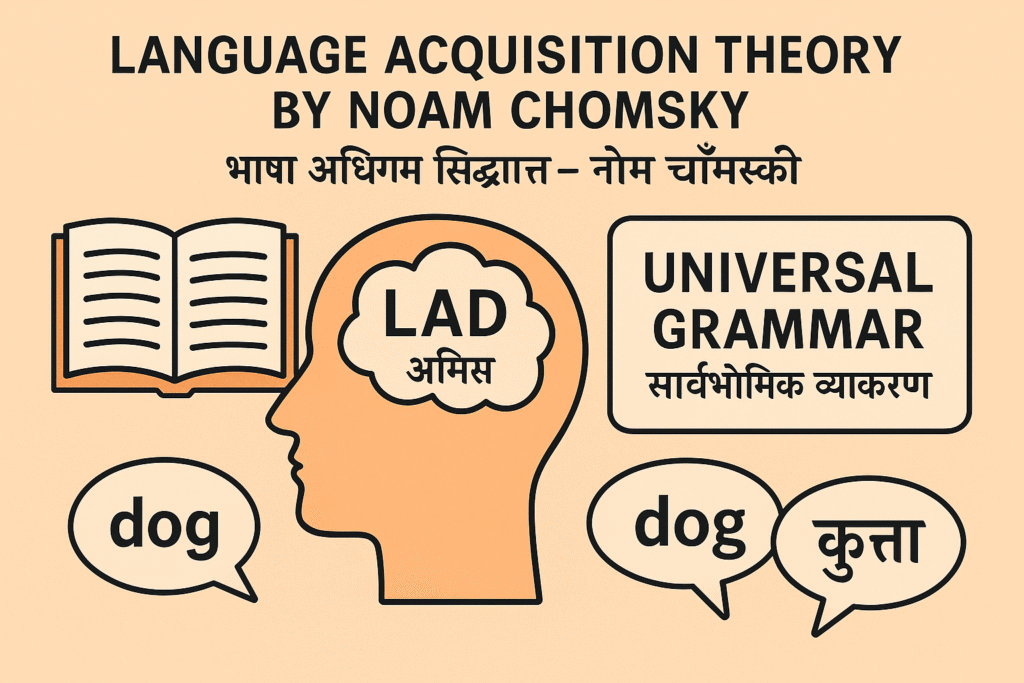 Illustration showing Noam Chomsky’s Language Acquisition Theory with LAD, Universal Grammar, and language learning icons.