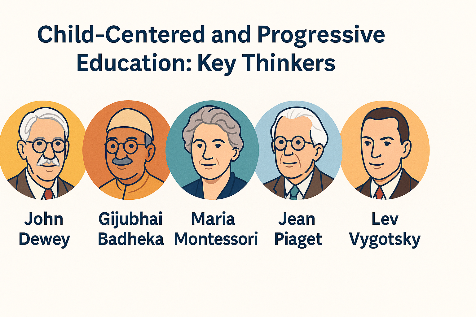 Infographic showing five key thinkers of child-centered and progressive education: John Dewey, Gijubhai Badheka, Maria Montessori, Jean Piaget, and Lev Vygotsky.