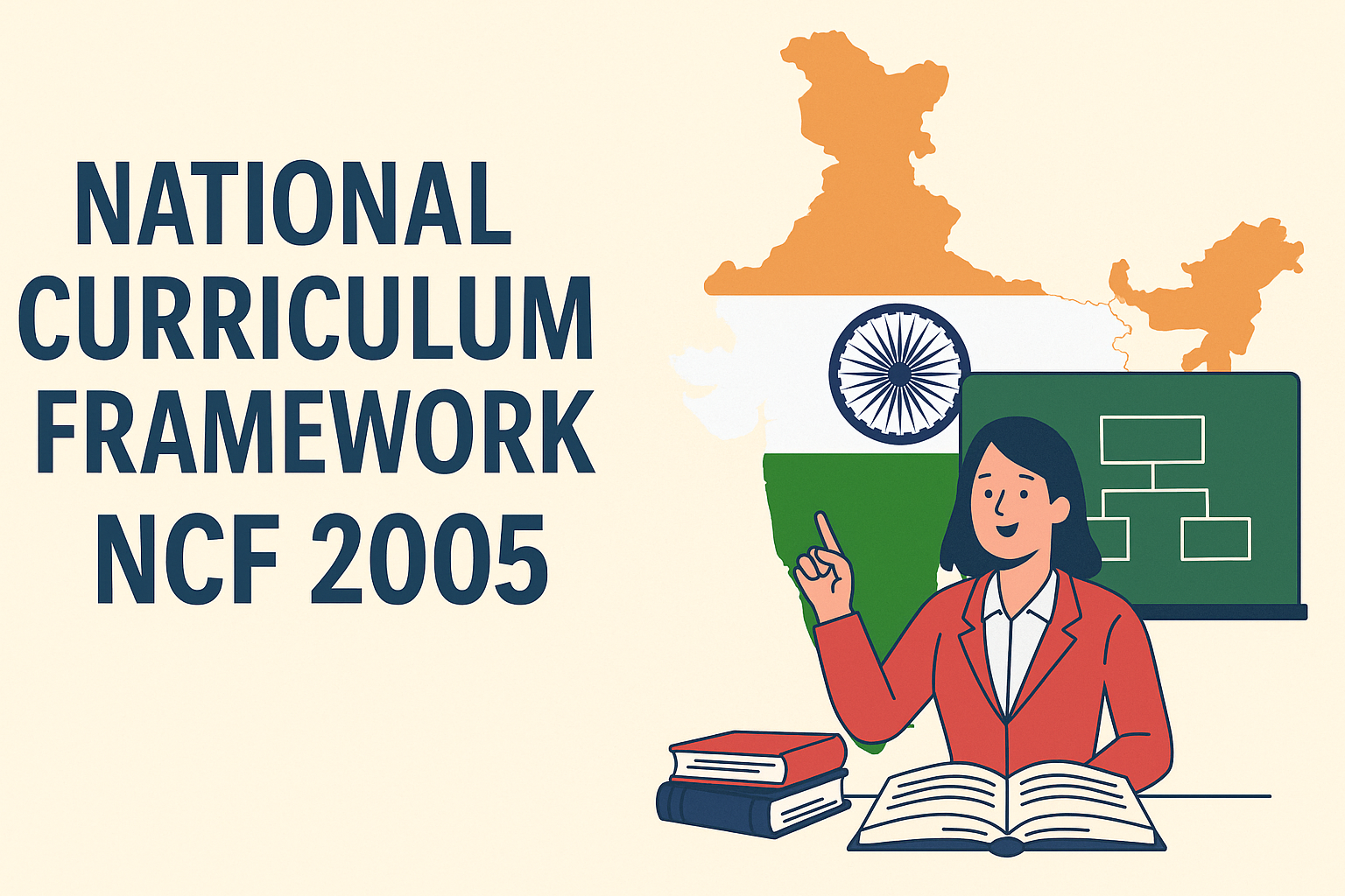 Illustration showing the National Curriculum Framework 2005 with a teacher, books, green chalkboard, and a map of India in tricolour theme