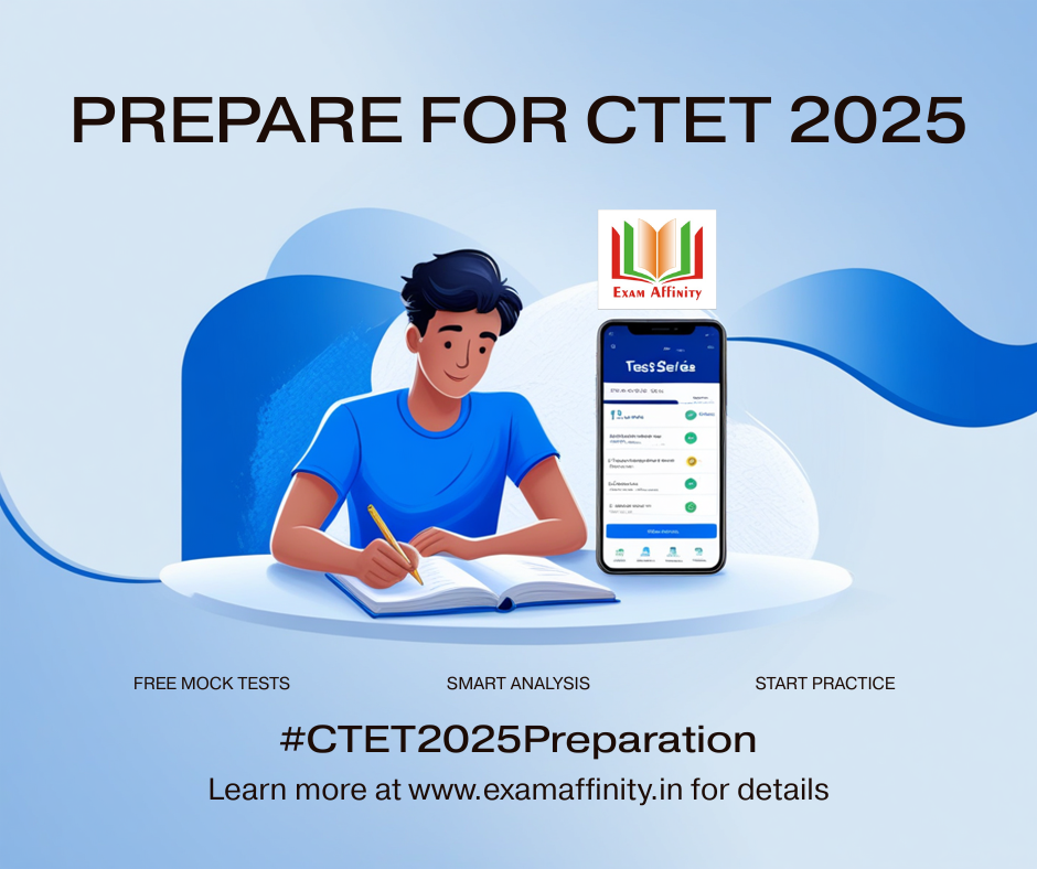 Clean minimal CTET 2025 exam preparation banner featuring a student studying at a desk with a notebook and mobile phone showing a test series app, white and blue academic background, and Google Play button.
