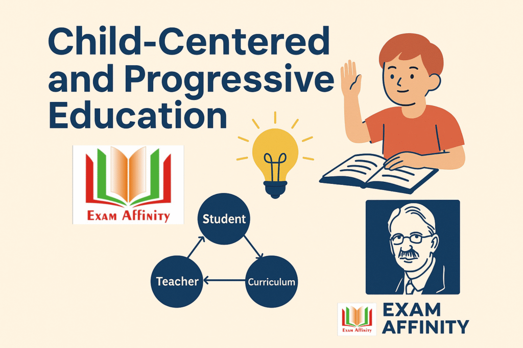 Illustration showing child-centered and progressive education concepts with a student, learning symbols, Dewey’s tripolar model, and the Exam Affinity logo.