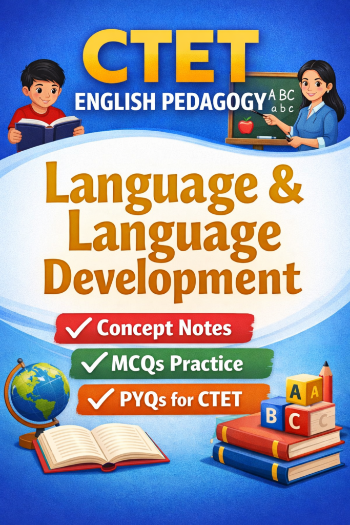Mobile banner showing CTET English Pedagogy – Language and Language Development with concept notes, MCQs and PYQs for CTET.