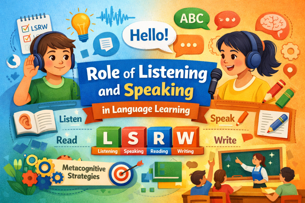 Role of Listening and Speaking in language learning explained with LSRW skills, objectives, micro-skills, metacognitive strategies and classroom applications for CTET and English pedagogy.