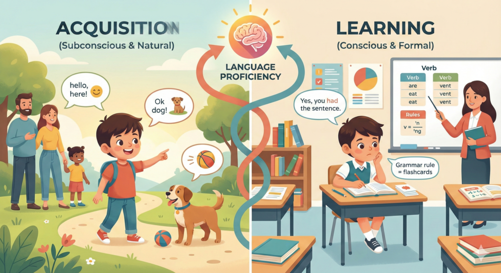 Infographic illustrating the difference between natural "Language Acquisition" (subconscious learning in a social setting) on the left panel, versus formal "Language Learning" (conscious instruction in a classroom setting) on the right panel, with arrows showing both paths leading to overall "Language Proficiency."