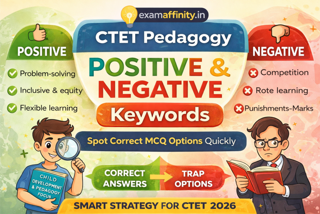 CTET Pedagogy positive and negative keywords infographic for solving CDP MCQs