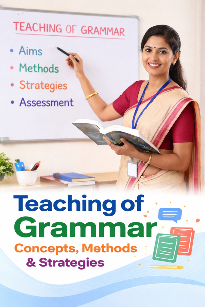 Indian woman teacher explaining teaching of grammar concepts on whiteboard for CTET English pedagogy