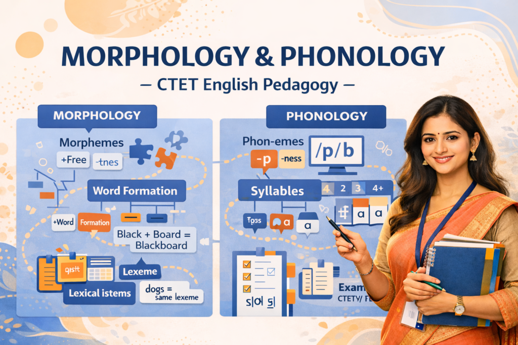 Smart Indian woman teacher explaining morphology and phonology concepts for CTET English pedagogy