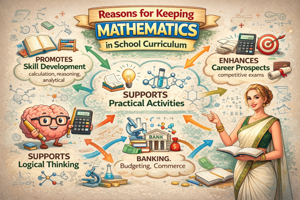 Pictorial memory map showing reasons for keeping mathematics in the school curriculum with a real woman teacher explaining skill development, career prospects, logical thinking, and practical applications