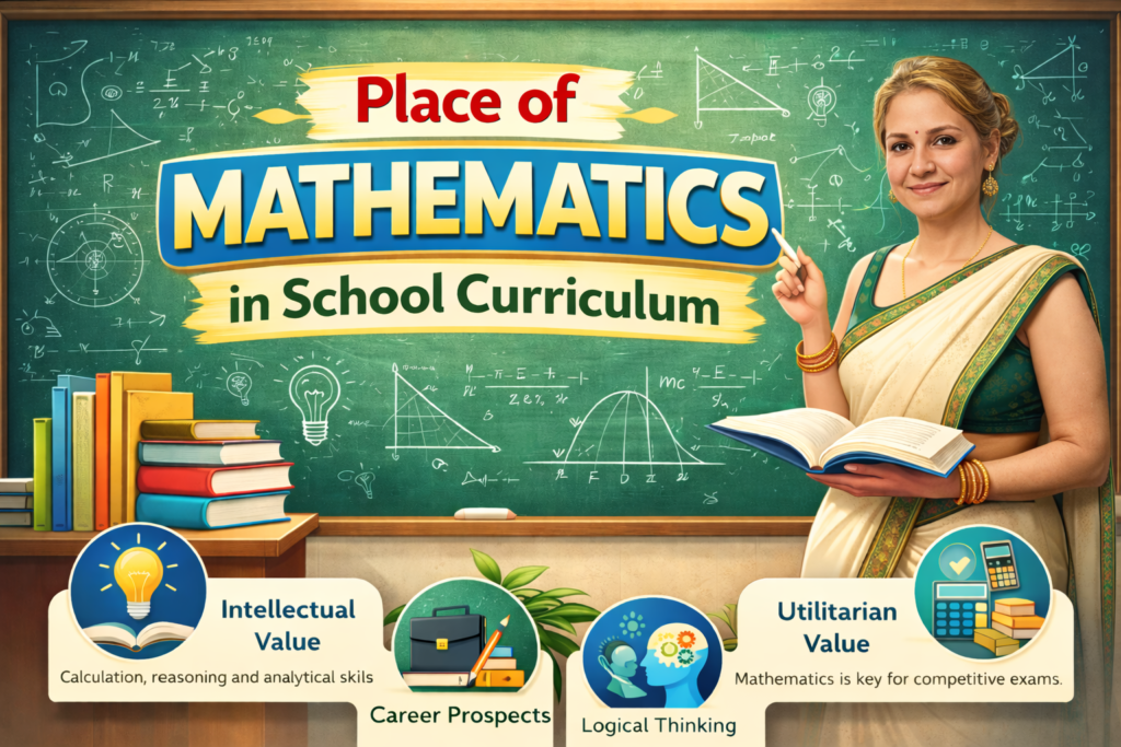 Realistic dusky woman teacher with brown open hair teaching mathematics in a classroom, showing the place of mathematics in the school curriculum