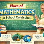 Realistic dusky woman teacher with brown open hair teaching mathematics in a classroom, showing the place of mathematics in the school curriculum