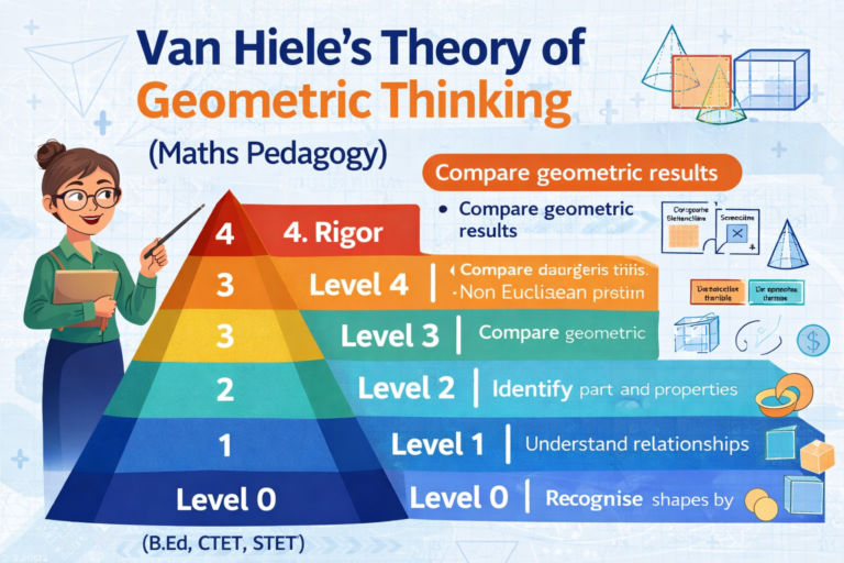 Van Hiele’s Theory of Geometric Thinking showing five levels of geometry learning from visualisation to rigor in maths pedagogy